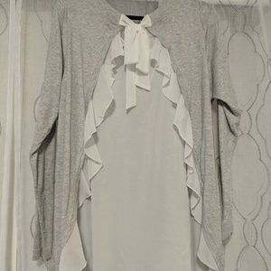 Torrid grey & white chiffon ruffled back sweater